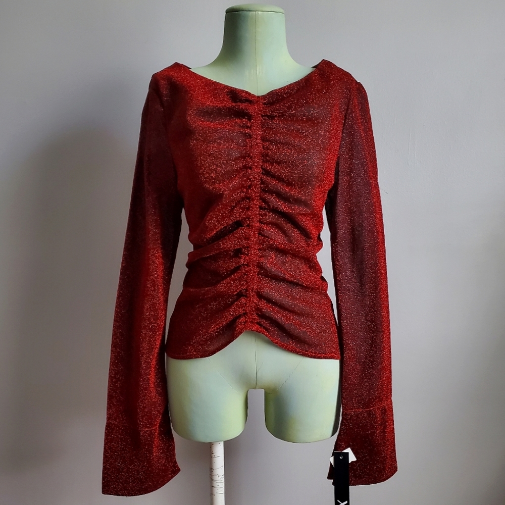 NWT Y2K 90's Sparkle Red Rouched Top Long Sleeve Valentine's Day Date Night